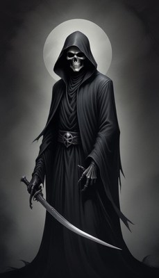 A skeletal figure stands in shadow, holding a silver sword
