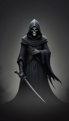 A skeletal figure stands in a dark robe, holding a sword