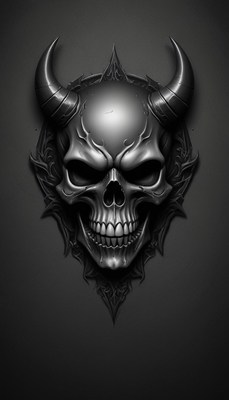 A detailed skull with horns in a dark background
