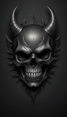 A detailed skull with horns on a dark background