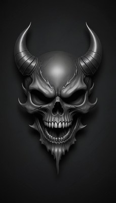 A detailed skull with horns against a dark background