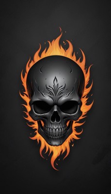 A black skull engulfed in orange flames