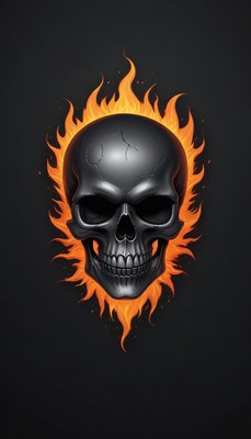 A black skull surrounded by orange flames