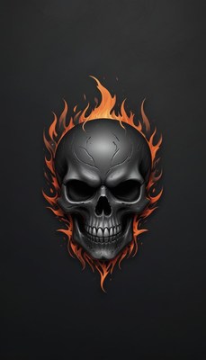 A black skull with an orange flame design