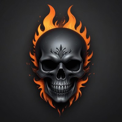 A black skull surrounded by flames