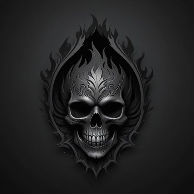 A detailed skull with flames sits on a dark background