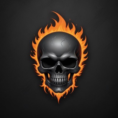 A black skull surrounded by flames