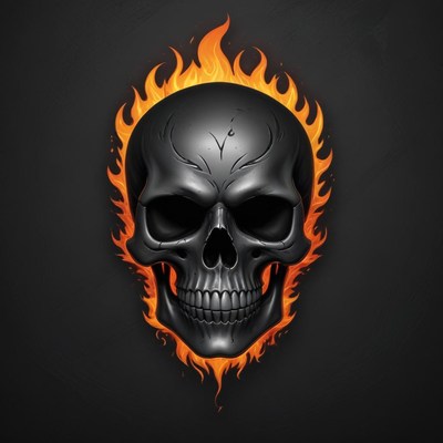 A black skull surrounded by flames