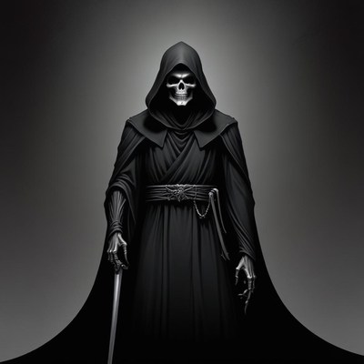 A skeletal figure stands in a hooded robe
