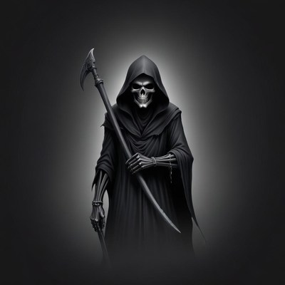 The grim reaper stands against a dark background