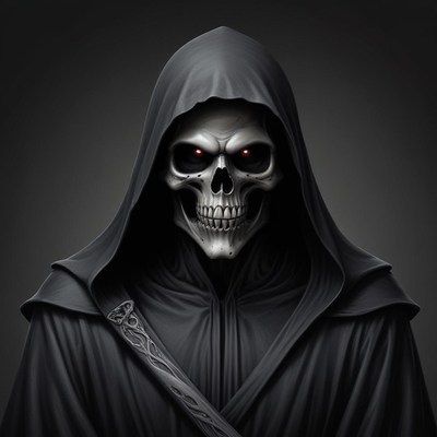 A skeletal figure in a black robe stares intently