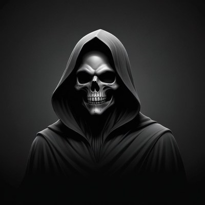 A skeletal figure in a dark hood