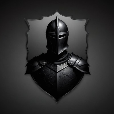 A knight in armor stands in front of a shield