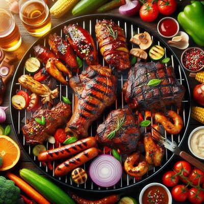 Grilled meat and vegetables on a grill