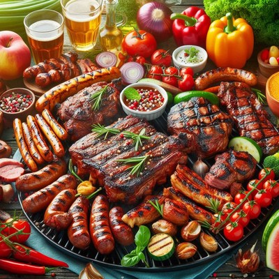 Grilled food on a barbecue grill