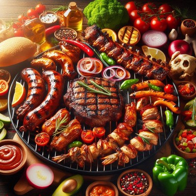 Grilled meats and veggies on the barbecue