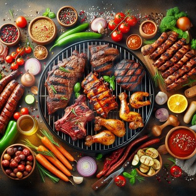 Grilled meats and vegetables on a table