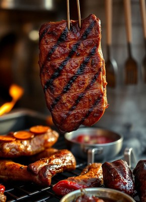 Juicy steak on the grill with other meats