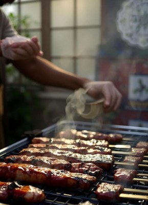 Someone is grilling skewers of meat