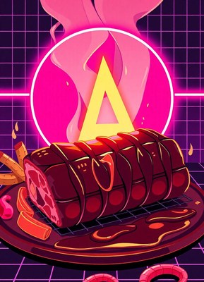 A stylized image of a cooked meal in a futuristic setting