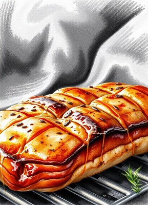 A glazed loaf of bread sits on a grill