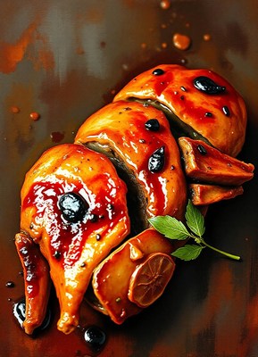 A roasted duck with black peppercorns and a lemon wedge