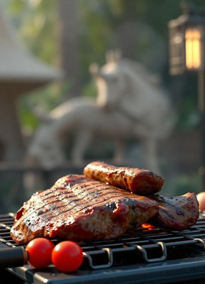 Grilled steak and sausage on a grill