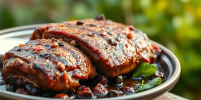 Grilled meat with sauce on a plate