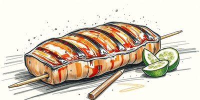 A grilled skewer with lime wedges