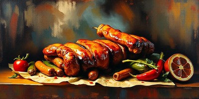 A still life of roasted meats, peppers, and a citrus fruit