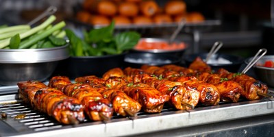 Grilled chicken skewers at a street food stall