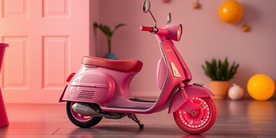 A pink scooter sits on a floor in front of a pink door