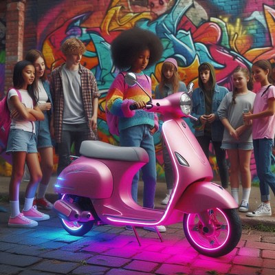A girl stands with friends by a pink scooter