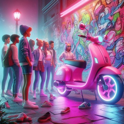 Friends pose by a pink scooter in a neon alley
