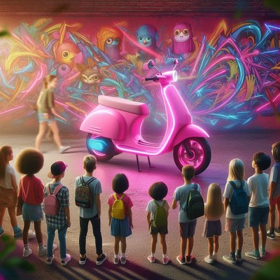 Children watch a pink scooter in front of a graffiti wall