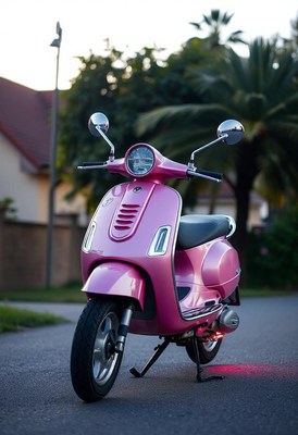 A pink scooter is parked on a paved road