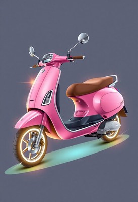 A pink scooter with gold rims is parked on a gray background