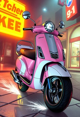 A pink scooter speeds down a city street at night