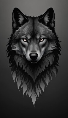 A black and white wolf portrait with a fiery mane