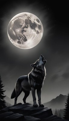 A wolf howls at the full moon in a dark forest