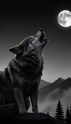 A wolf howls at the moon in the mountains