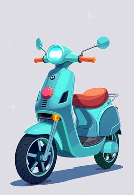 A turquoise scooter sits on a gray background