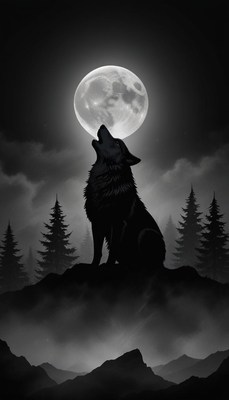 A wolf howls at the moon in a misty forest