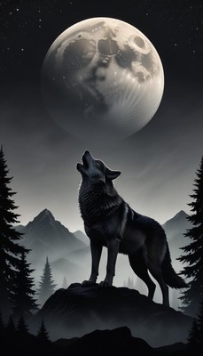 A wolf howls at the full moon in the mountains