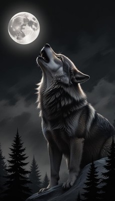 A wolf howls at the moon in a forest