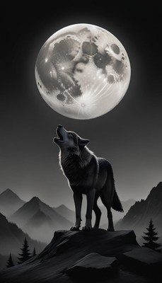 A wolf howls at the full moon in the mountains