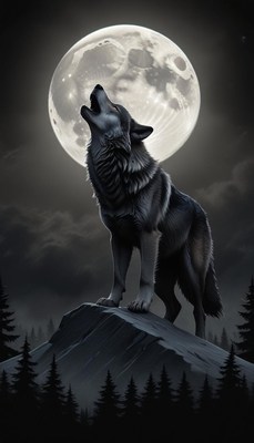 A wolf howls at the full moon