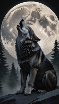 A wolf howls at the full moon in the forest