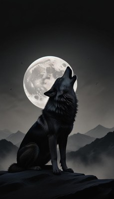 A wolf howls at the full moon in the mountains