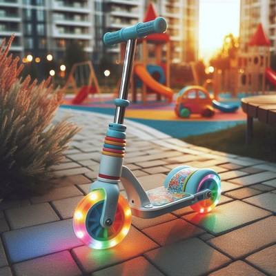 A light-up scooter sits on a paved walkway at a playground
